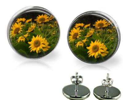 Sunflower Fields Forever Stud Earrings 20mm Silver Plated Glass Top Earrings