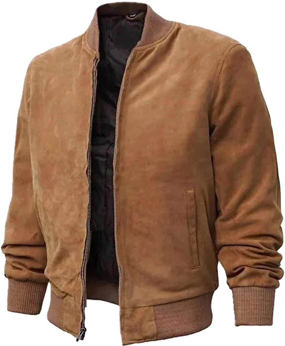 Men's Real Suede Jacket 100% Soft Leather B2 Bomber Flight Camel Brown Jacket