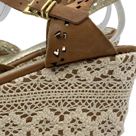 Sandalias Miss Albright Cuero Marrón Encaje Cuña Punta Abierta Hebilla Informales Talla 6.5 Foto 4 de 4