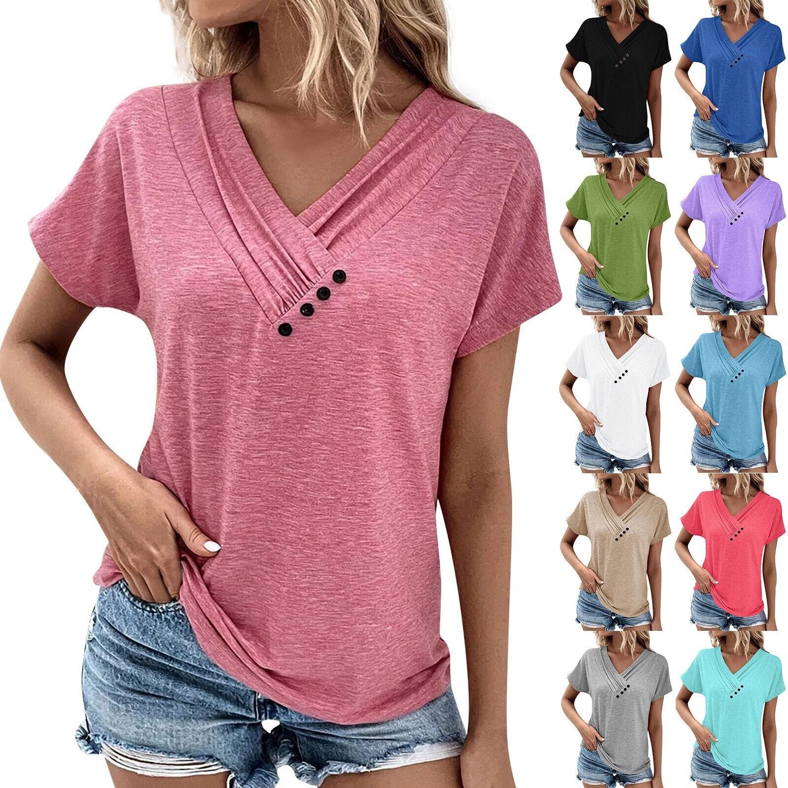 Women's Casual Summer T Shirts Solid Short Sleeve Button V Neck Tops Tshirts