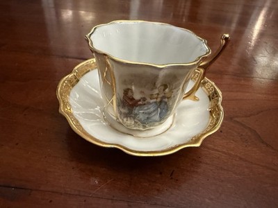 Vintage Limoges France Fragonard Demitasse Cup & Saucer Courting Couple Gold