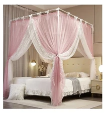 4 Corner Post Princess Curtain Full Size Bed Canopy Lace Up Net Pink/White(A239)