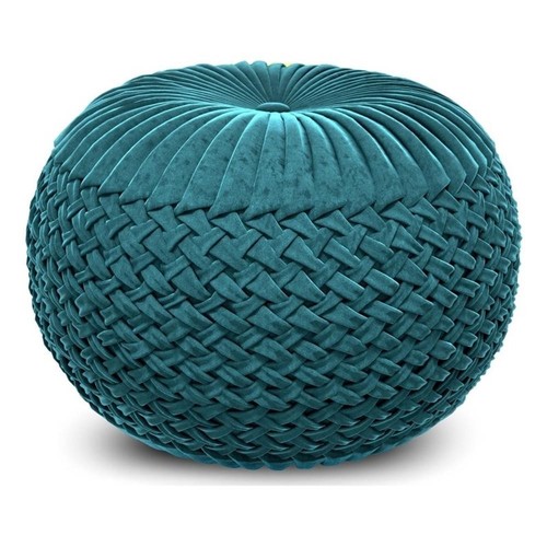 Pemberly Row Round Pouf in Teal Green Velvet Fabric with Woven Details - Picture 3 of 8