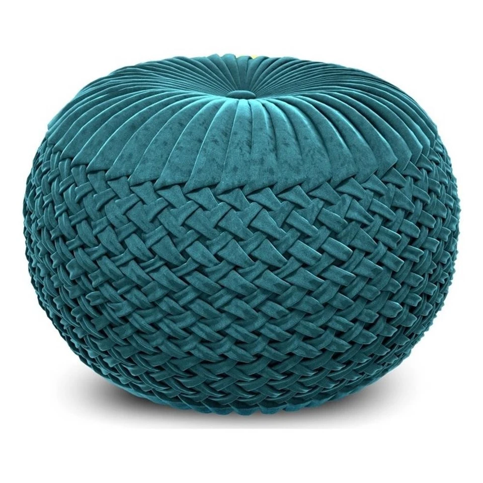 Pemberly Row Round Pouf in Teal Green Velvet Fabric with Woven Details - Image 3 of 4