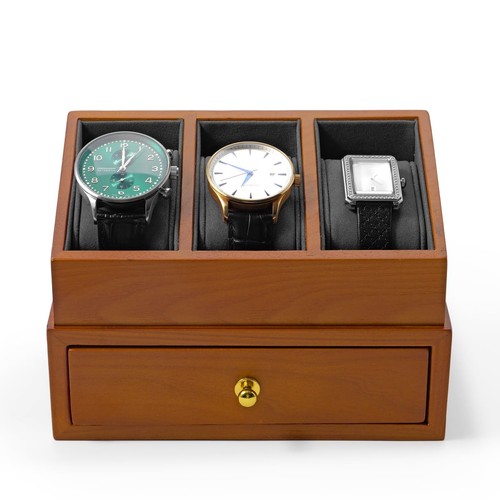 Solid Wood Watch Display with Acrylic Cover - 3 Slots Watch Case with Drawer ... - Picture 6 of 9