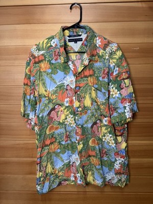 Vintage Tommy Hilfiger Shirt Mens XL Blue Hawaiian Floral Lei Ceremony Aloha