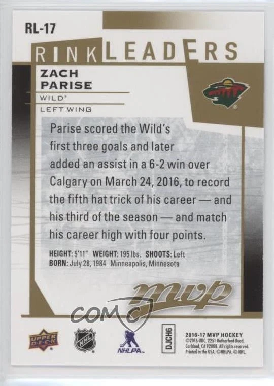 2016-17 Upper Deck MVP Rinkleaders Zach Parise #RL-17 - Image 2 of 2