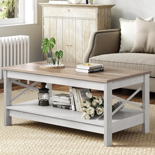 Couchtisch Holz 2 Ebenen, Rustikal mit Stauraum, X-Gestell, Wohnzimmertisch 80kg - Bild 6 von 7