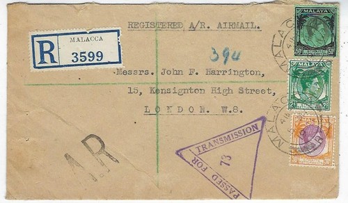 Malaya Straits Malacca 1941 registrierter AR Luftpostbrief nach London