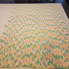 Vintage Crochet Baby Blanket Green Yellow Pink White 40x49" Unisex Afghan