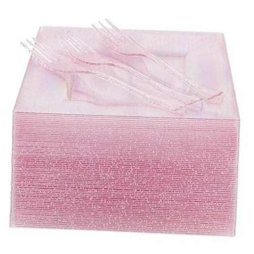 100 Pcs Pink Dessert Plates 6" with Plastic Forks 5.7" for 50 Guests,Glitter