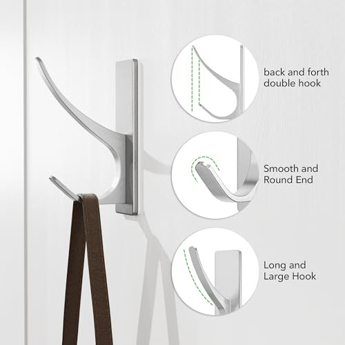 Self-Adhesive Coat Hooks for Hanging - Heavy Duty Stainless Double Wall Hook - Picture 2 of 7