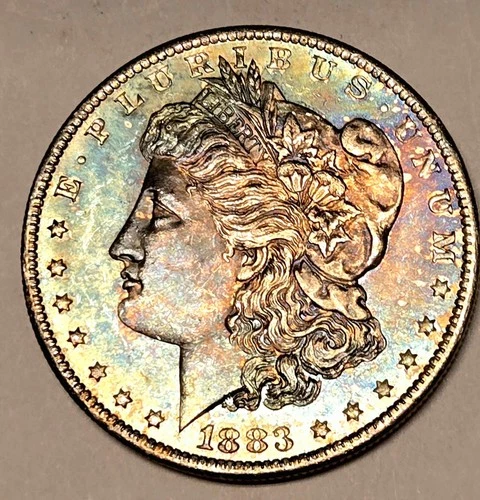 1883 O Morgan Dollar TRUE RAINBOW TONED Gem BU RARE FIND GENUINE FLASHY PL OBV