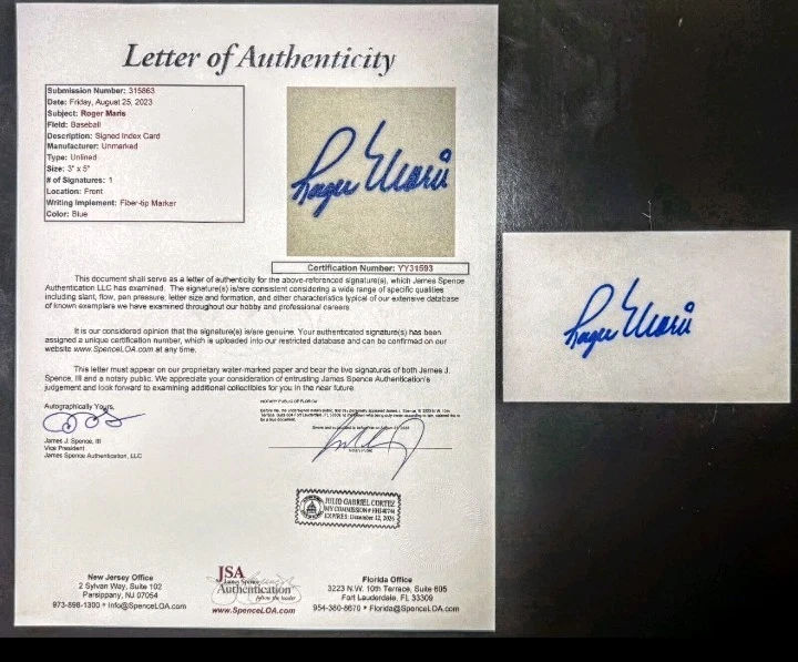 Roger Maris   Autographed 3x5  (JSA)  w COA - Image 2 of 3