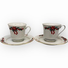 Tienshan "Poinsettia and Ribbons" Fine China Tea Cup And Saucer 2-Sets Christmas