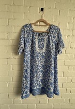 Izabel London Floral Tunic Dress Uk 12 Short Sleeve White & Light Blue With Lace