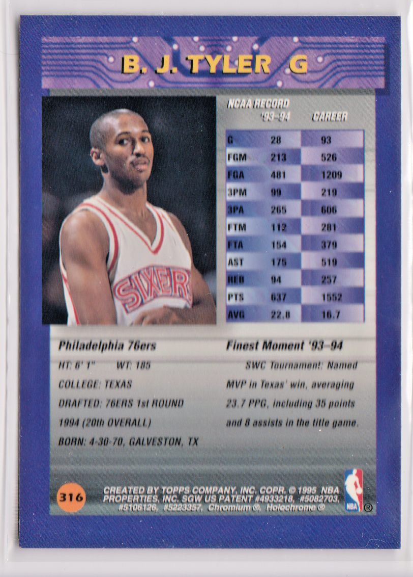 B J Tyler Philadelphia 76ers Guard 1994-95 Finest Card # 316 Mint