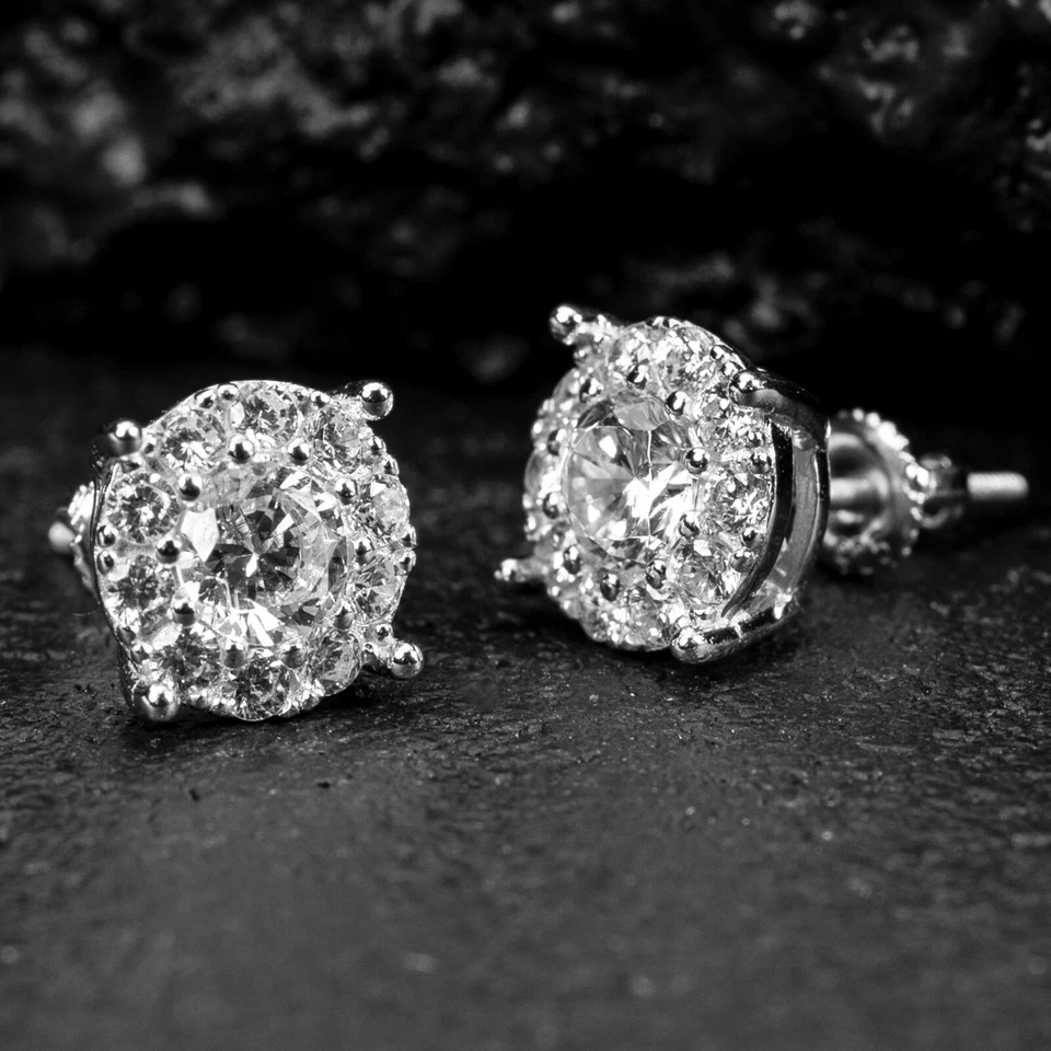 Aretes con racimo de circonita helada de hip hop de plata de ley 925 de oro blanco para hombre Foto 4 de 4