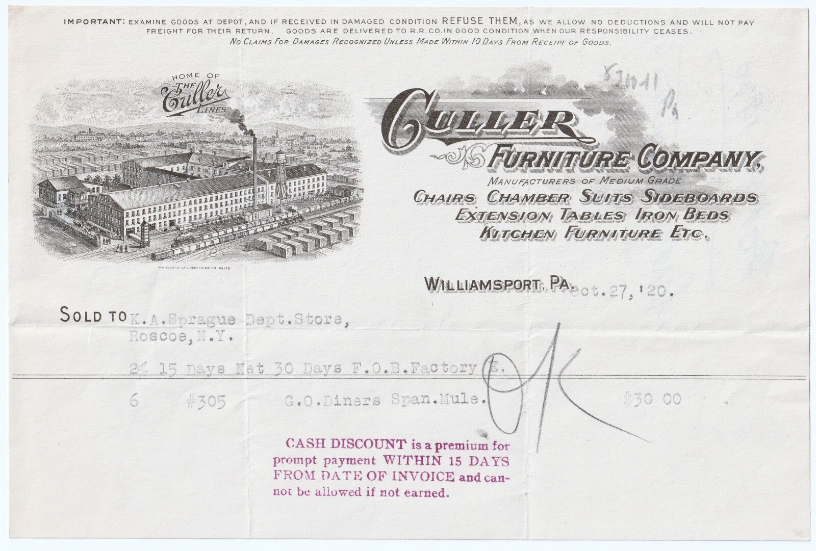 Cabezal de cartel gráfico publicitario RARO - Culler Furniture Co - Williamsport PA 1920