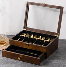 Fine Silverware Storage Chest/Box/Case Two Drawers Clear Glass Lid  14.5”x 10.6”