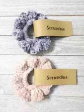 crochet handmade hair scrunchies velvet pony tail holder pink gray 2pc USA made