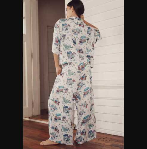 New women's M Printfresh Anthropologie Parisian poodles satin pajama set Paris - Picture 3 of 10