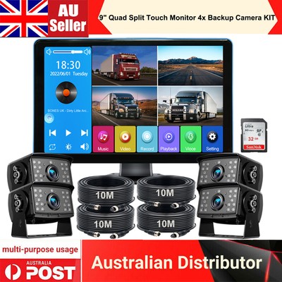 9'' Quad Split Touch Monitor 32G DVR+4x Parking Reversing Backup Camera For Truck