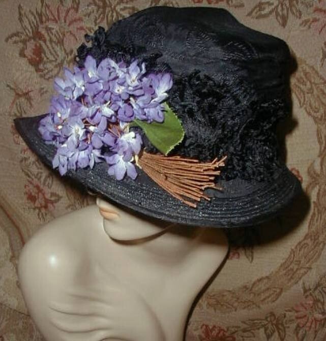 Antique Edwardian Black Silk Brocade Hat w Ruffle Loopy Trim & Purple Violets