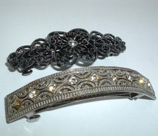 2 VINTAGE BLACK AND WHITE RHINESTONE SILVERTONE HAIR BARRETTES