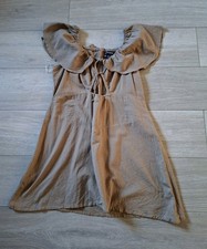 PrettyLittleThing Light Brown Cotton Linen Flared Dress Front Cut Out Frill UK16