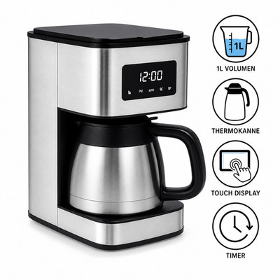 Filterkaffeemaschine mit Thermoskanne Kaffeeautomat Timer Edelstahl 10 Tassen 1L