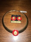 Vintage Monet Jewelry Omega Greek Coin Red Enameled Necklace Earrings NOS — photo 1