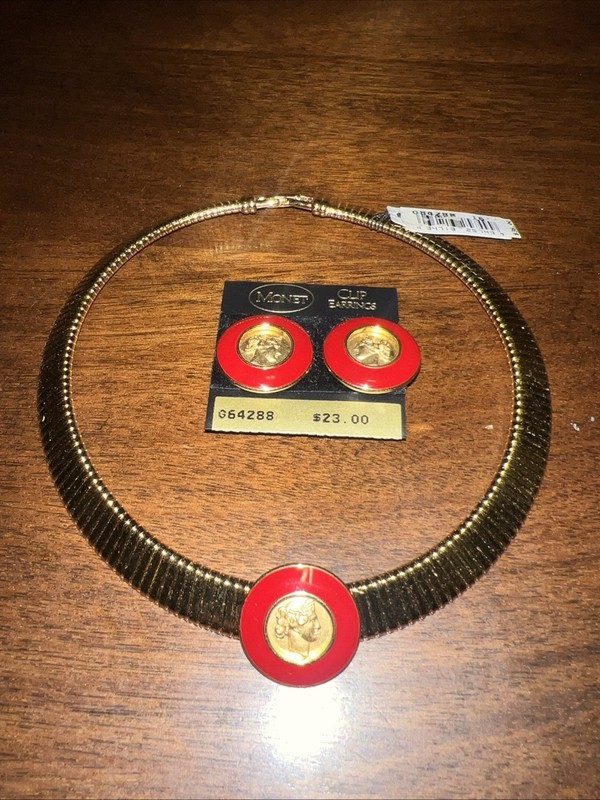 Vintage Monet Jewelry Omega Greek Coin Red Enameled Necklace Earrings NOS