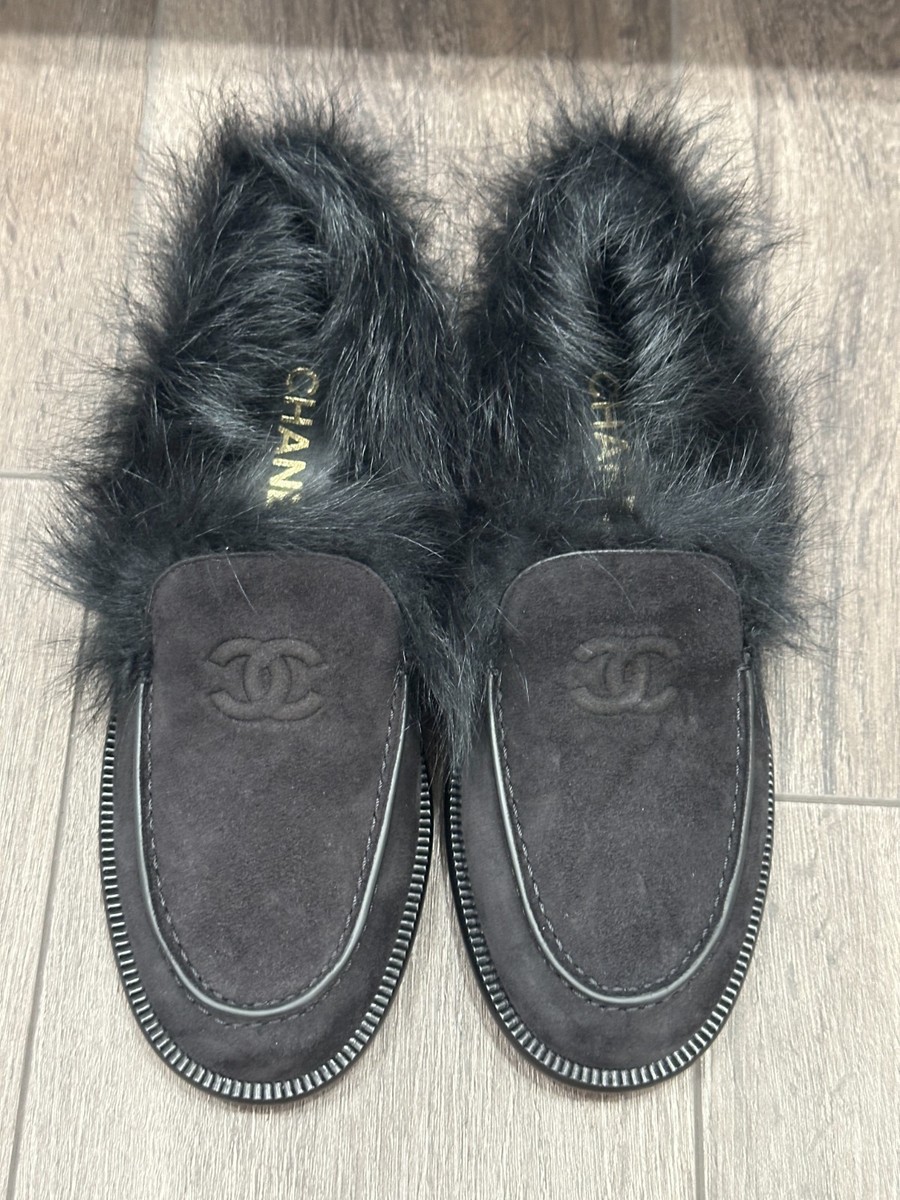 2025 CHANEL COCO NEIGE BLACK SUEDE LEATHER FUR LOAFERS OXFORD