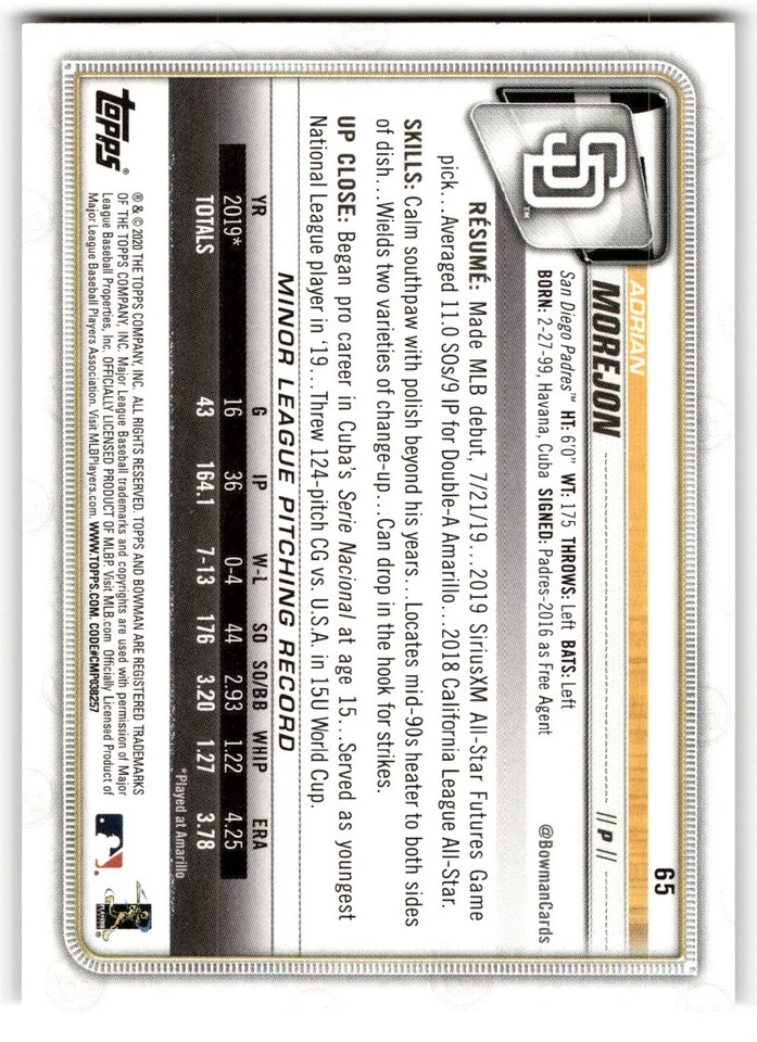 2020 Bowman Adrian Morejon Rookie #65 San Diego Padres - Image 2 of 2