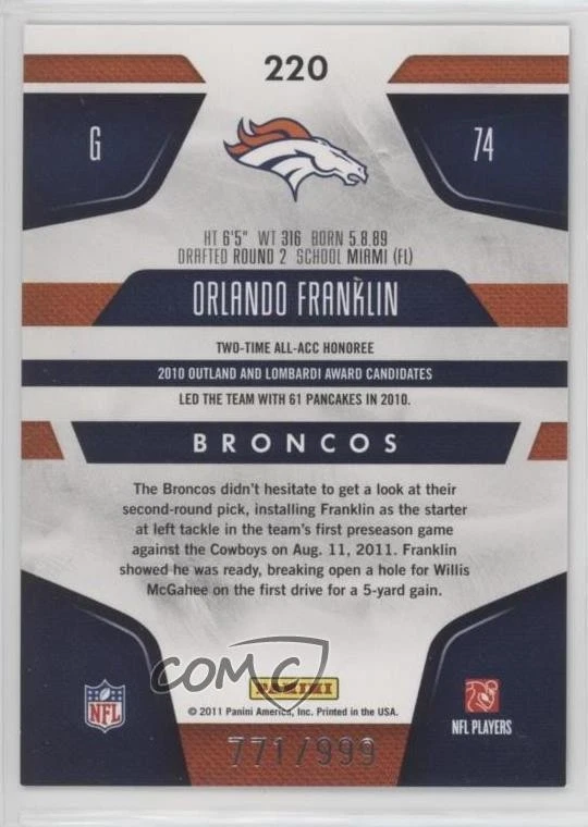 2011 Certified New Generation /999 Orlando Franklin #220 Rookie RC - Image 2 of 2