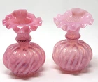 PAIR of Fenton Cranberry Glass Optic Candy Cane Swirl Ruffled Rim Melon Vase