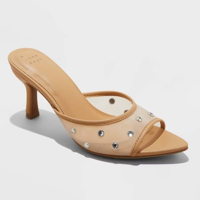 Women Lupita Mesh Rhinestone Peep Toe Mule Heels with Memory Foam Insole