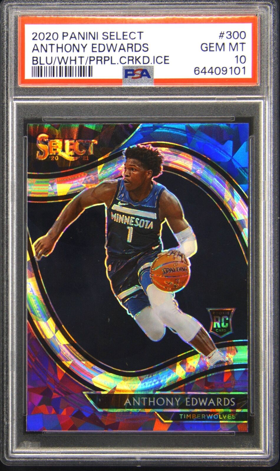 2020 PANINI SELECT BLUE/WHITE/PURPLE CRACKED ICE  #300 ANTHONY EDWARDS RC PSA 10