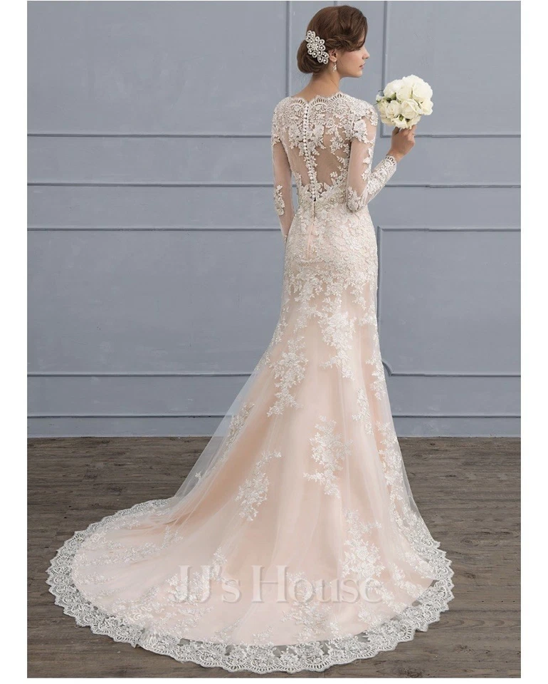 Abito da sposa a tromba/sirena scollo a V corte treno tulle pizzo, taglia:... - Immagine 3 di 4