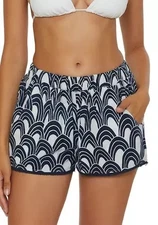 TRINA TURK ARCHES PRINTED SWIM COVERUP SHORTS, INK (NAVY)/WHITE, NWT