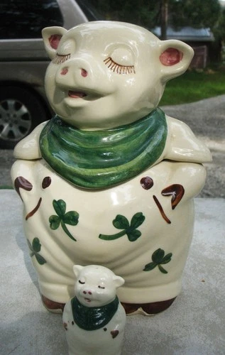 Vintage Shawnee Pottery Pig Cookie Jar w Green Clover Design and Salt Shaker
