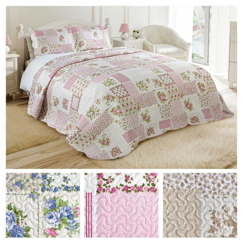 Bedspread Set 3Pcs Quilted Patchwork Bedspread Double King Single Bed Cotswold - Image 1 of 1