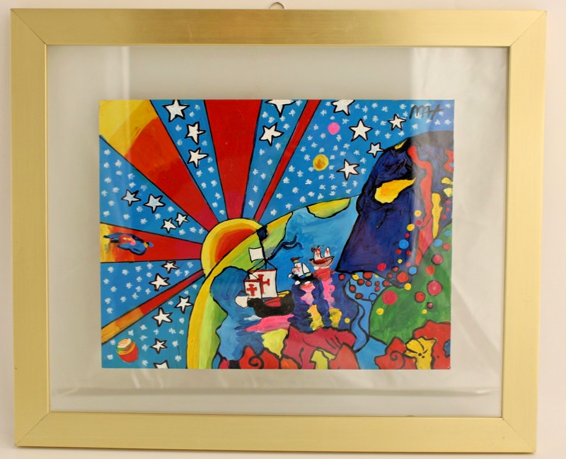 Original PETER MAX Painting Acrylic on Paper, Signed & Stamped, Floating Frame