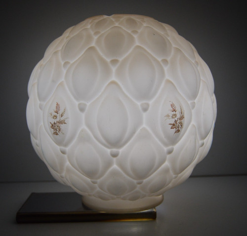 Vintage Art Deco Milk Glass Globe Geometric Flowers MCM Lighting Shade Fixture
