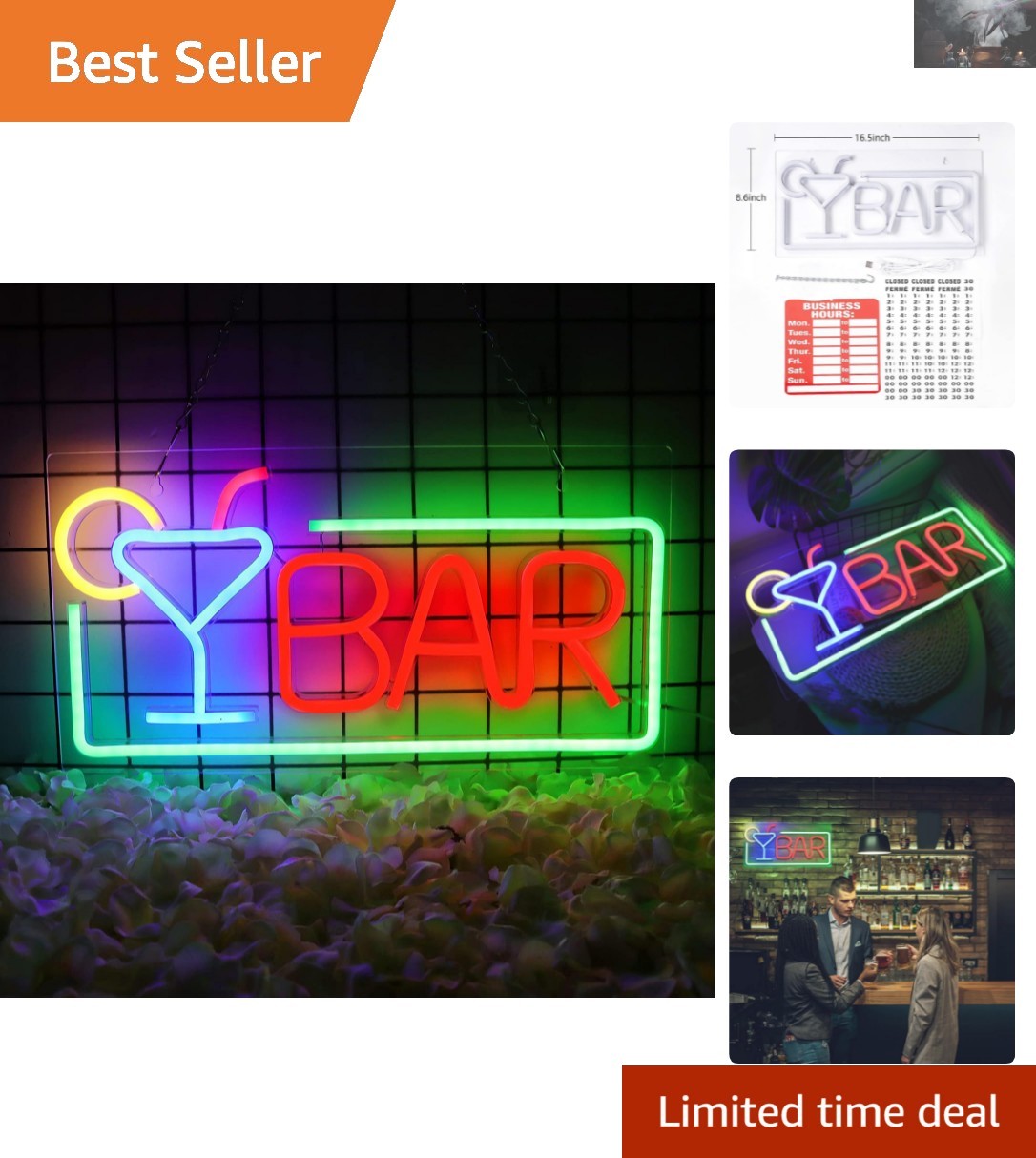 Colorful LED Bar Sign with Hooks - Easy Install for Home & B