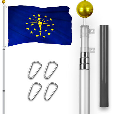 Combo: 16 Ft Telescoping Flagpole Silver & Indiana IN State Flag 3x5 Ft Emb 300D