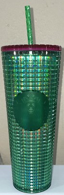 Starbucks Watermelon grid green w Pink  lid 24oz tumbler NEW Spring 2023