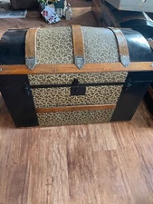 Beautiful refurbished antique steamer trunk dome top with pressed metal