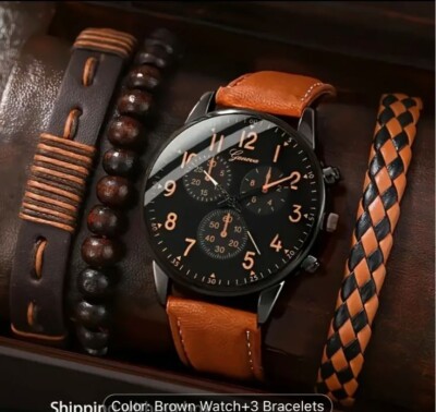 Men's Brown & Black Geneva Watch Faux Leather band w/ 4pc Bracelet Set